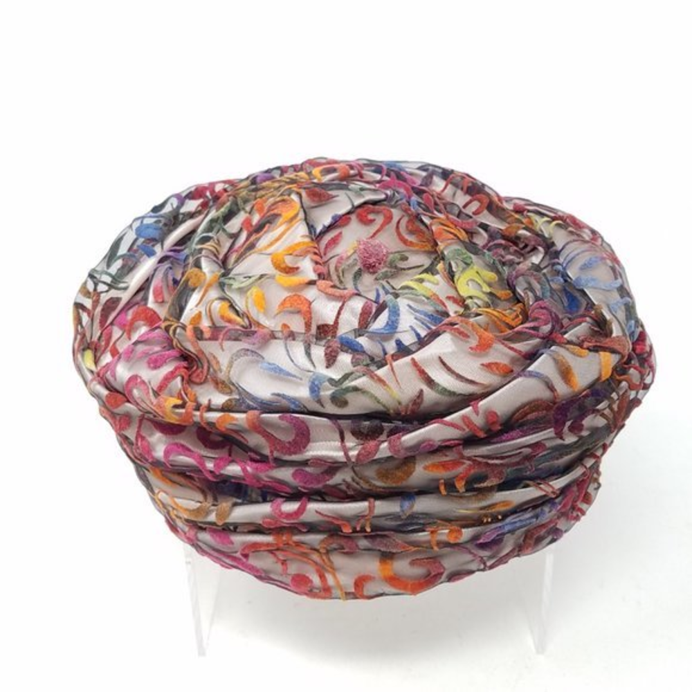 Valerie Modes hat multicolor‎ ruched floral burned out velvet pillbox VTG